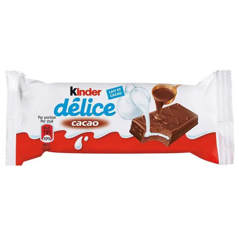 Bolo de Cacau Kinder Delice, 20 Unidades de 39g de Bolo Puff Esponja, Feito com Leite, Farinha e Ovos, Coberto com uma Camada Fina de Chocolate com Leite, Delicioso e macio
