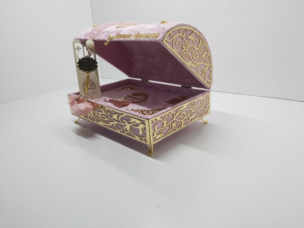 Big Size Luxury Boxed Quran Set Gift Velvet Pink Color Quran Pearl Rosary