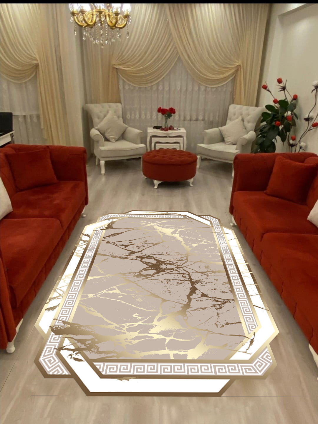 Karpet Ruang Tamu Generasi Baru Dekoratif Dapat Dicuci Anti-selip Karpet Karpet Lorong Marmer Emas Cetak Digital Antibakteri