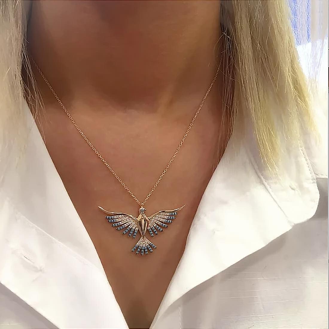 2021 Model Kalung Phoenix Batu Pirus Perak Termasuk 925 Perak Murni Berlapis Emas Mawar untuk Wanita