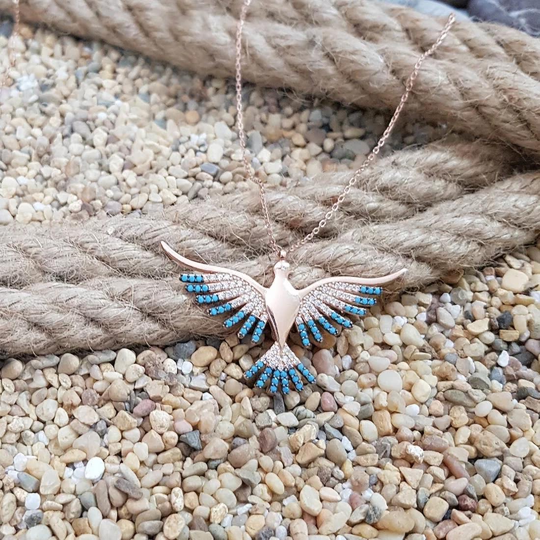 2021 Model Kalung Phoenix Batu Pirus Perak Termasuk 925 Perak Murni Berlapis Emas Mawar untuk Wanita