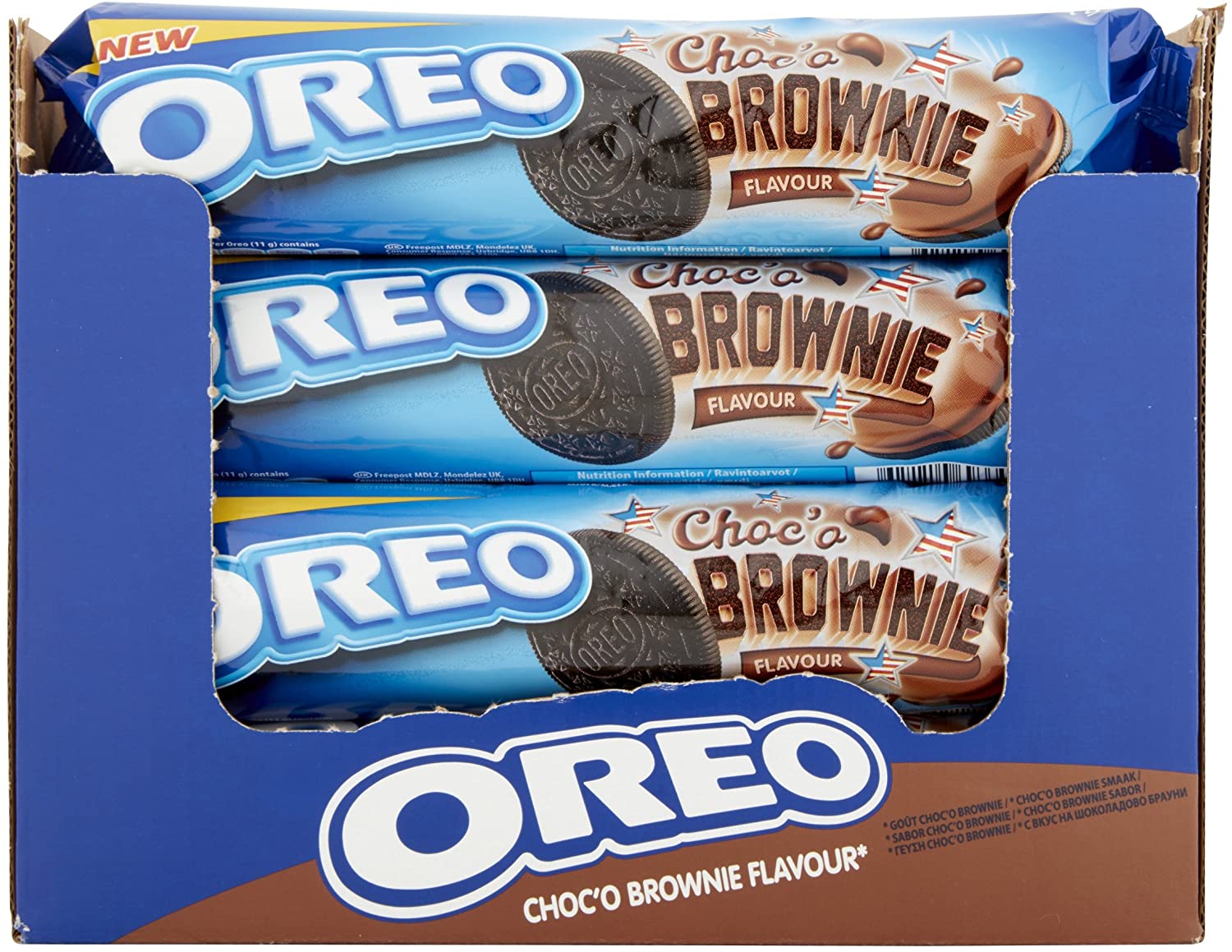Oreoreo de galetas de marrom. Caja de 16 unidades com 154 gramos cada paquete. Galletas de cacau rellenas de creme 29% de chocolate