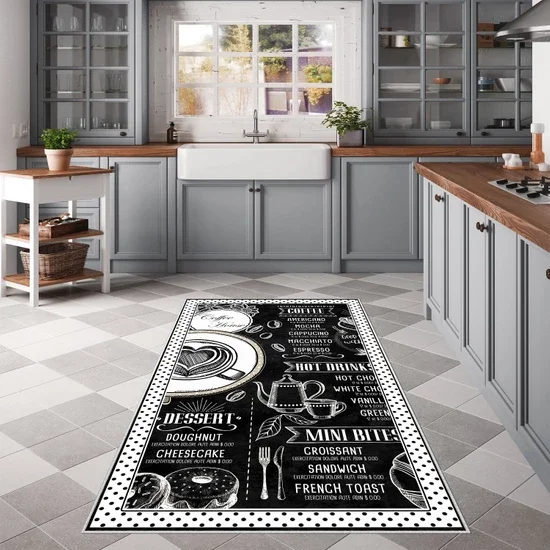 Karpet dapur dekoratif hitam putih anti-selip kulit imitasi berbasis noda bulu Thailand kain mesin cuci karpet dapat dicuci