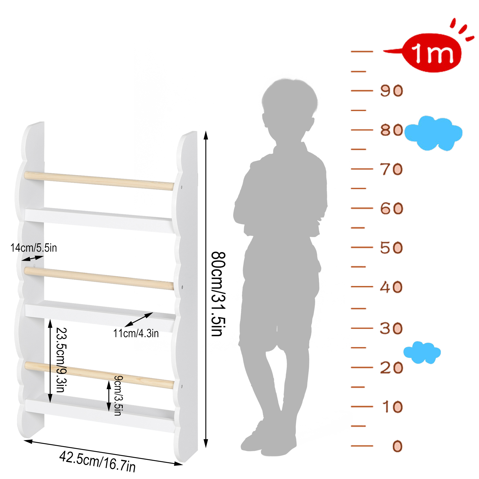 WOLTU Scaffale per bambini Libreria per bambini Scaffale da parete Organizzatore di libri con 4 ripiani per riporre riviste di libri Camera dei bambini Casa