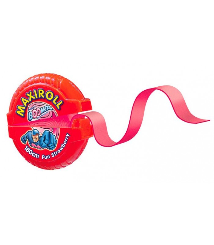 Pastilha elástica Maxiroll. Boomer marca Strawberry Flavored Gum, Corte para o seu próprio, 180 cm Laminados 12 pcs por caixa