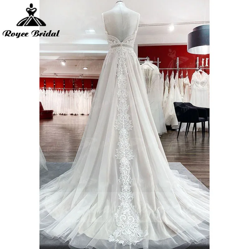 A 라인 Boho 블러쉬 핑크 웨딩 드레스 스파게티 스트랩 레이스 Tulle V 넥 민소매 오픈 백 trouwjurk Robe de mariee Customized