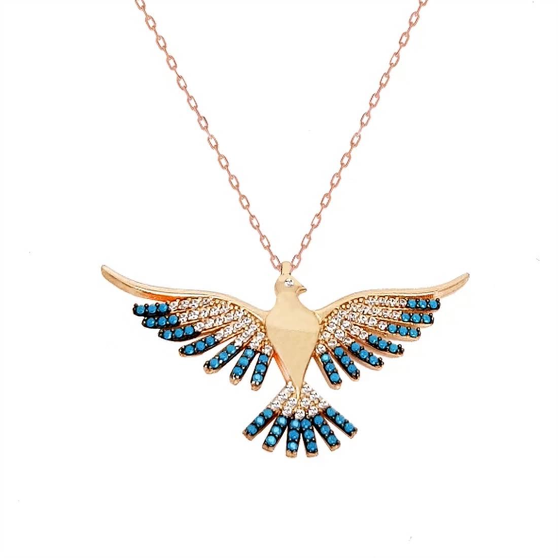 2021 Model Kalung Phoenix Batu Pirus Perak Termasuk 925 Perak Murni Berlapis Emas Mawar untuk Wanita