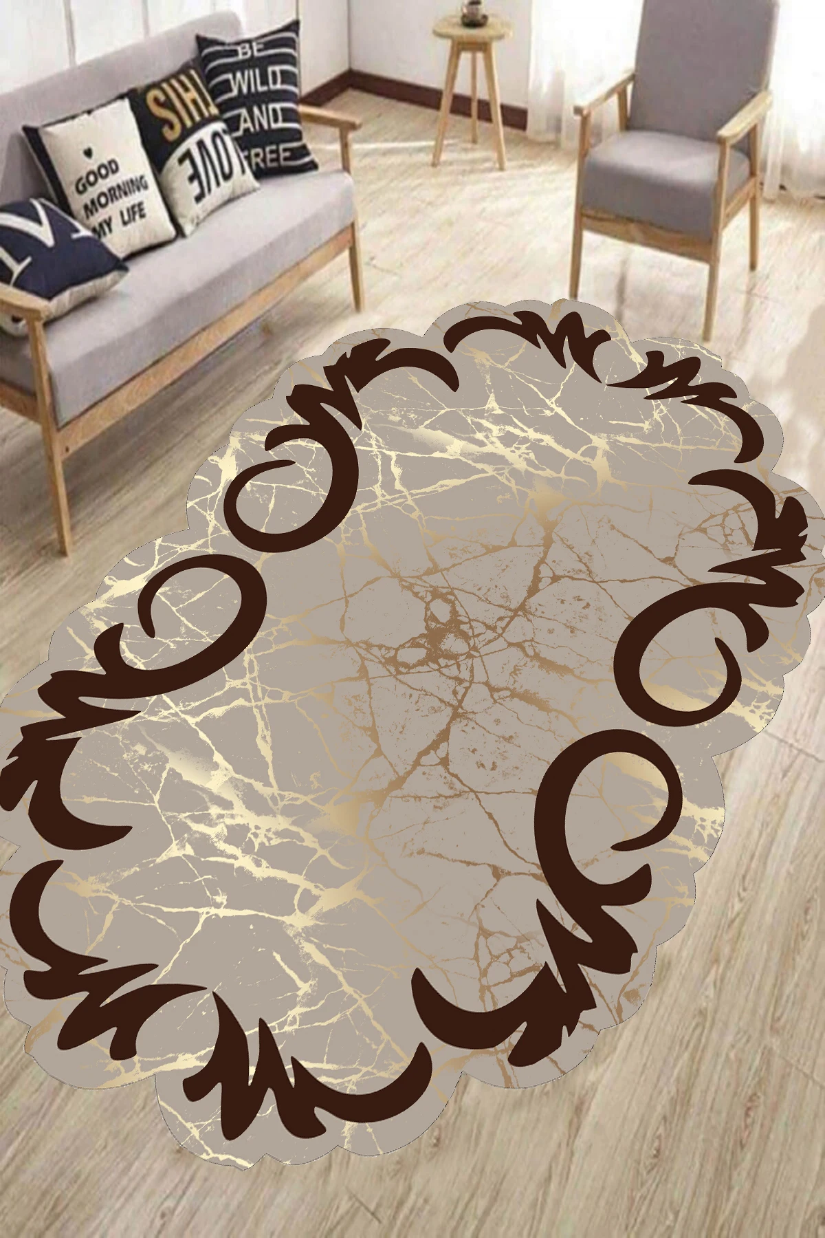 Karpet Salon Potongan Laser Desain Elips Dapat Dicuci Tahan Slip Alas Kulit Imitasi Dekorasi Rumah Seri Khusus Pola Marmer Coklat