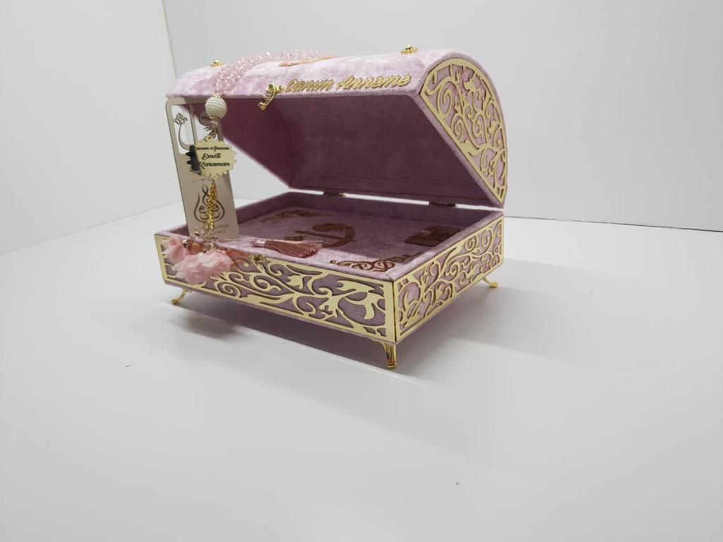 Big Size Luxury Boxed Quran Set Gift Velvet Pink Color Quran Pearl Rosary