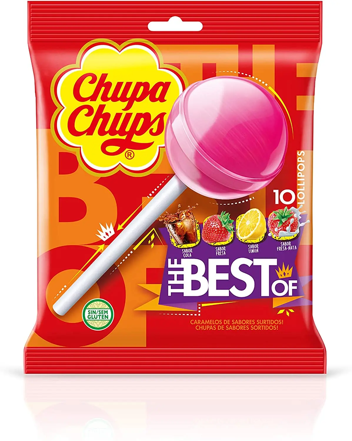 Chupa Chups o Melhor do Caramelo Duro com Stick de Vários Sabores, Coc, Morango, Limão, Morango, Creme, contém 12 Sacos com 10 Unidades Cada