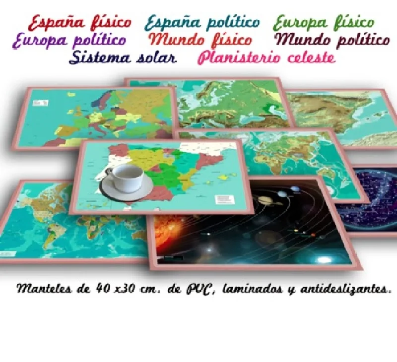 Colección 8 salvamanteles geográficos- Ideal para niños- Colección didáctica- Mapas con escalas métricas de color y de relieve- Aprender jugando- Colección mapas completa- Salvamanteles resistentes