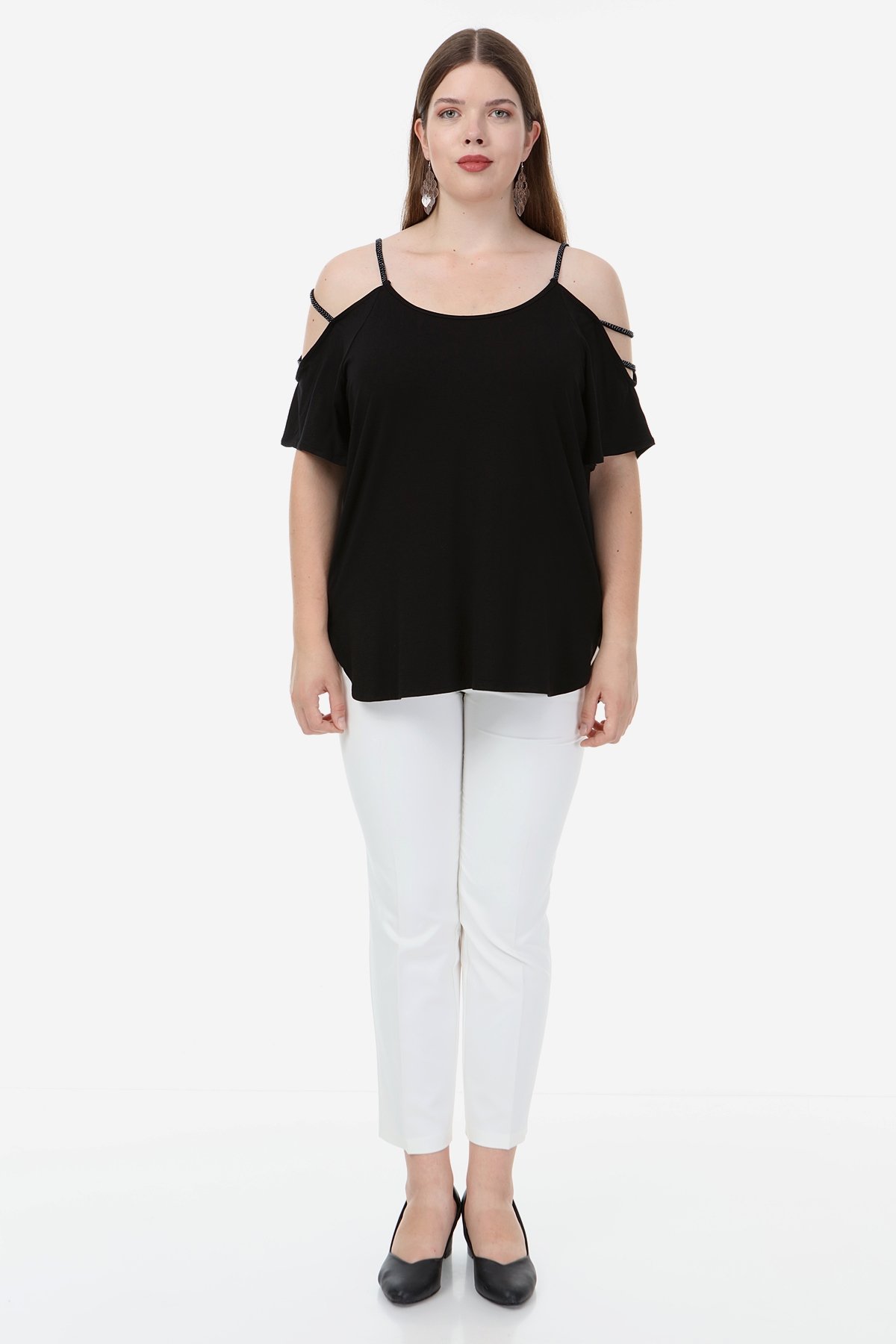 Hanezza Kích Thước Lớn Shoul Ba Nếp Vải Hạt Chi Tiết Bluz