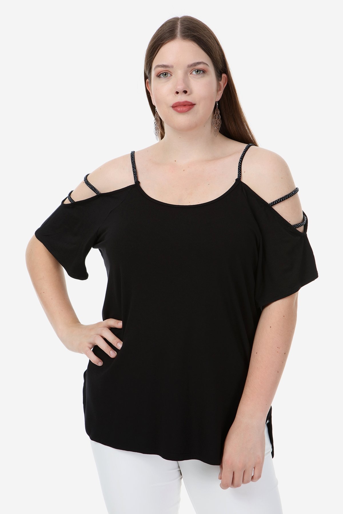 Hanezza Kích Thước Lớn Shoul Ba Nếp Vải Hạt Chi Tiết Bluz