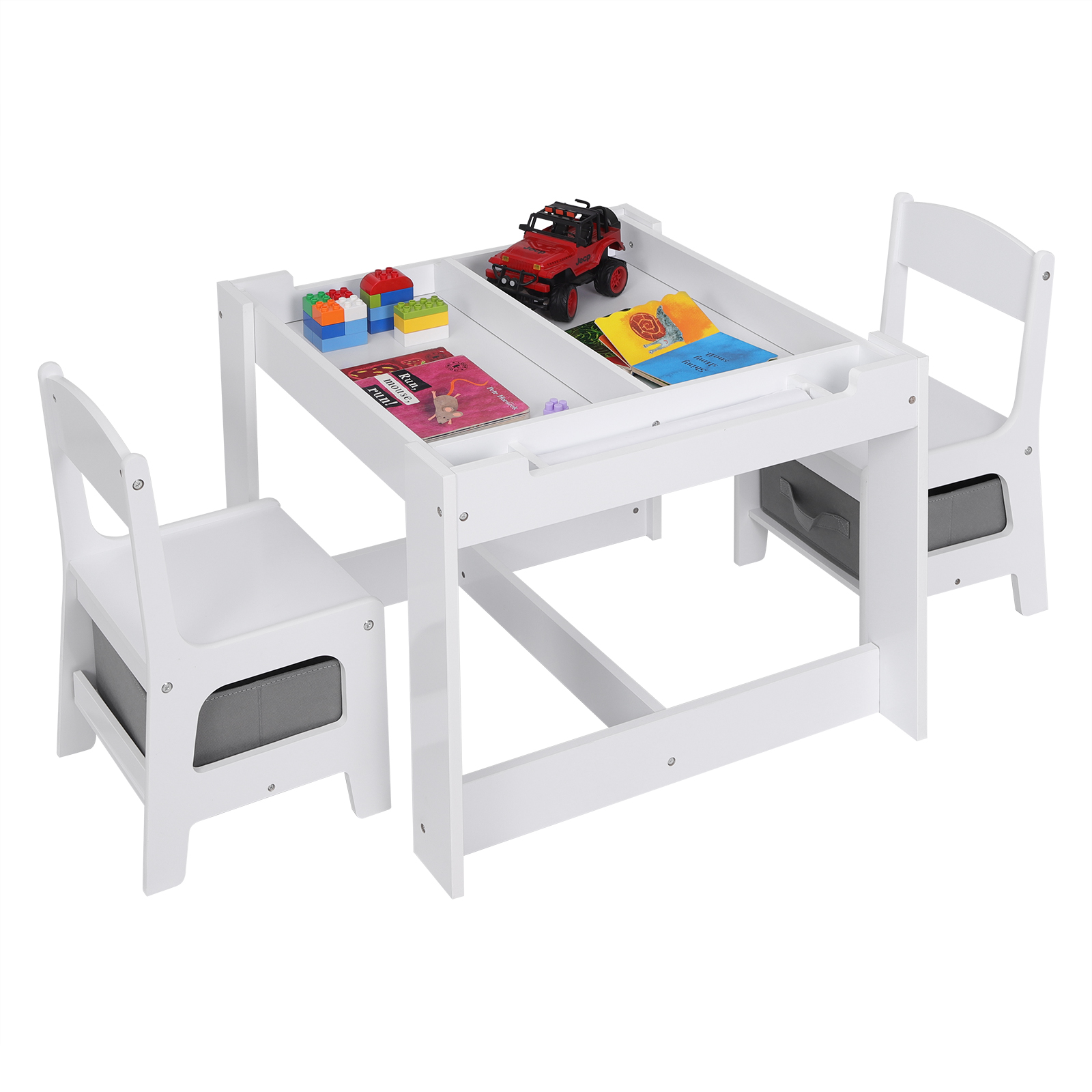 WOLTU Kinderschreibtisch, weißer Kindertisch, 2 Stühle, Set mit Aufbewahrungskorb, wendbare Tischplatte, Tafelpapierrolle für die Vorschule