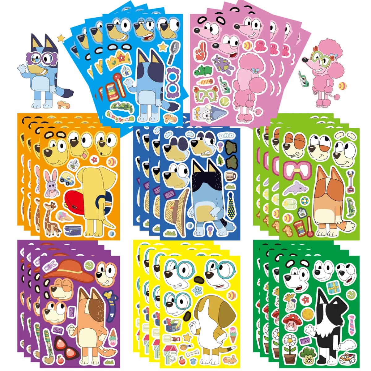 8/16Sheets Bluey Animation Family Cartoon Puzzle Sticker DIY Phone Laptop Luggage Skateboard Graffiti Decals Fun for Kid Gift