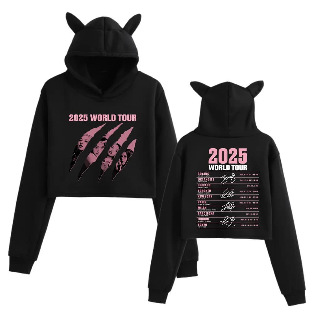 2025 Black World Tour Merch Cat Ears 2 Sided Long Sleeve Crop Tops Girls Fashion Hoodie