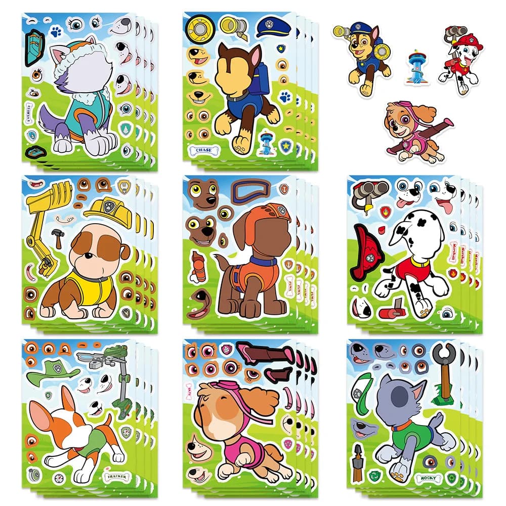 8/16Sheets Make a Face PAW Patrol Puzzle Cartoon Stickers DIY Ryder Chase Assemble Jigsaw Kids Toy Children Boys Game Party Gift