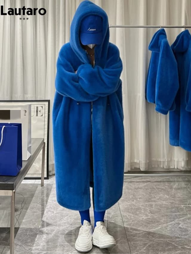 Lautaro Winter Long Oversized Warm Thick Blue White Fluffy Faux Fur Coat Women with Hood 2022 Loose Casual Korean Style Fashion