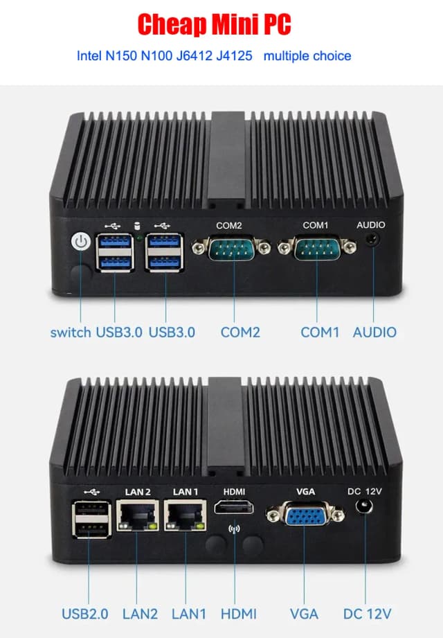 Fanless Industrial Mini PC j6412 j4125 12th gen N100 N150 2*LAN RS232 HD VGA Win10/11 Linux Ubuntu WIFI Desktop Computer Home pc