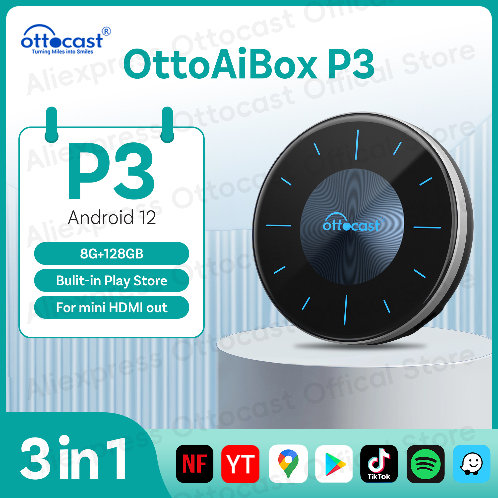 OTTOCAST P3 Android AI Box voor Youtube Netflix Draadloze CarPlay Android Auto TV Box voor HDMI Out Auto Accessoires Cadeau voor Mannen