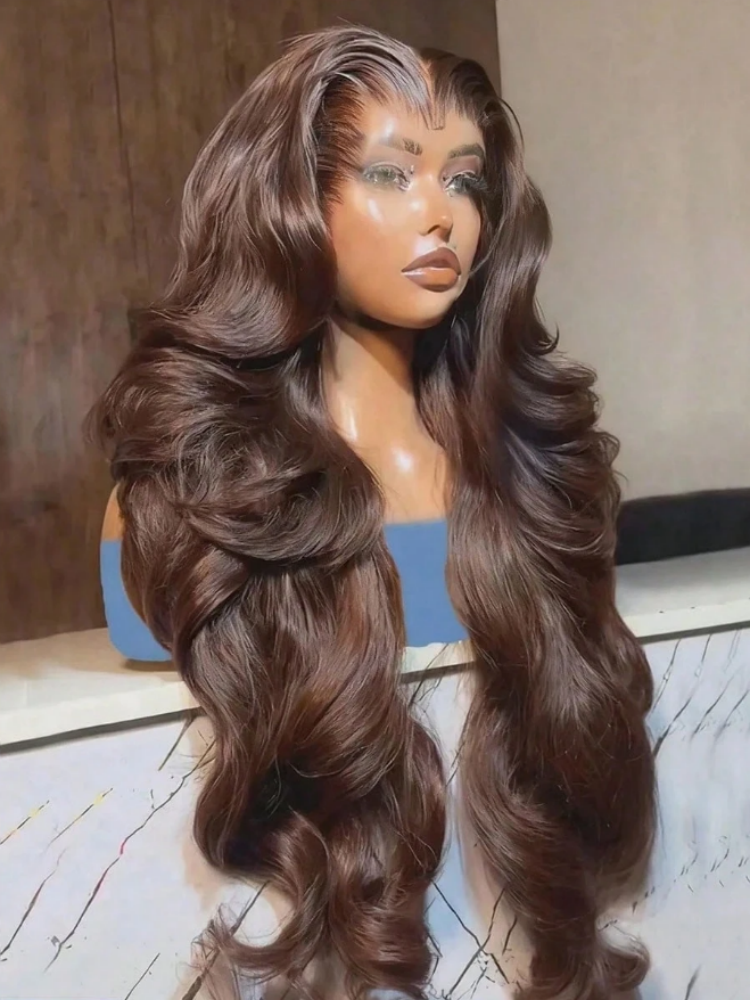Peruki z ludzkich włosów, gęstość 200, 30-34 cale, czekoladowy brąz, body wave, brazylijskie, peruki typu 13x4 HD lace frontal. # Peruka typu lace front 13x4, 4 kolory