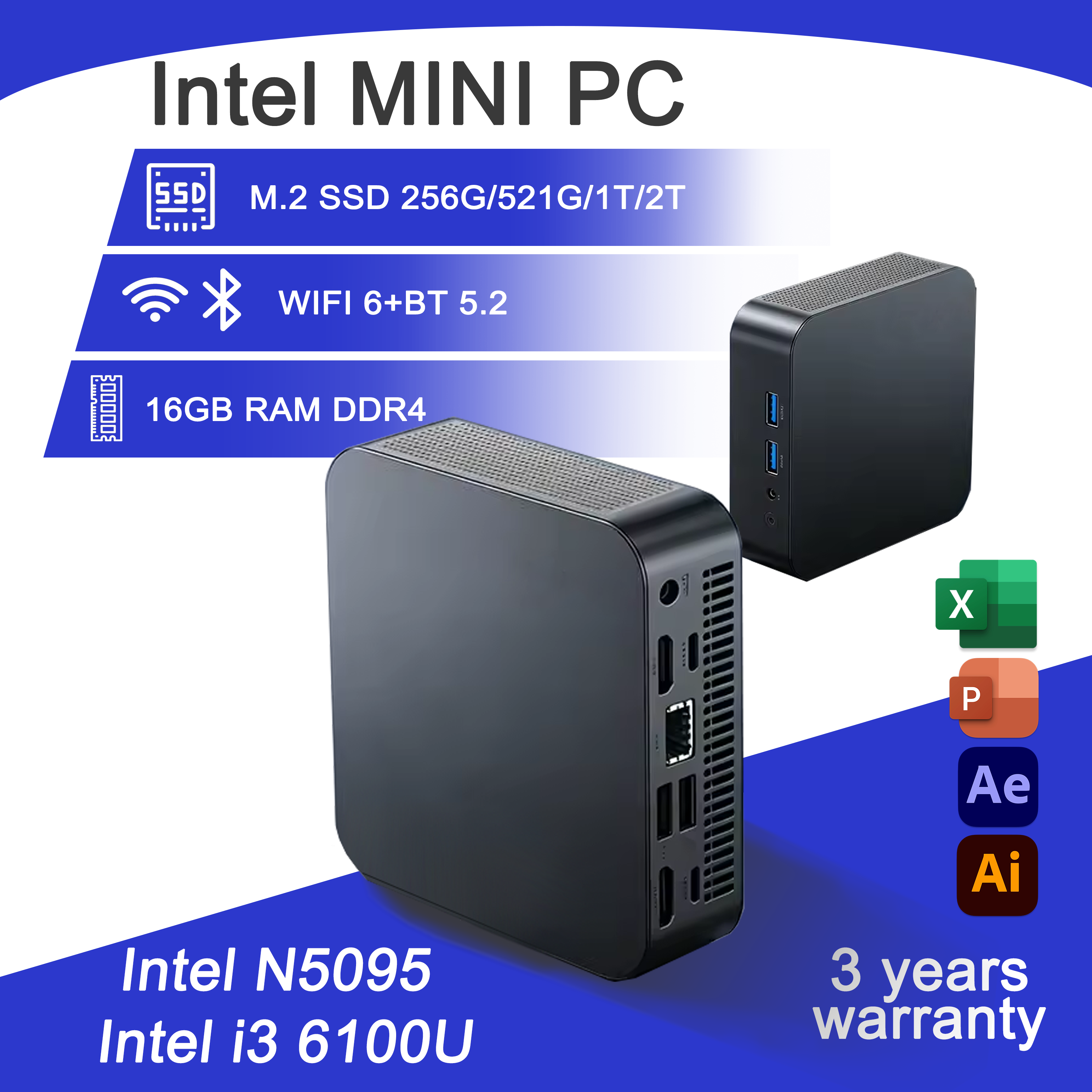 Mini PC Intel Core i3 6100U/Intel N5095, Windows 11, 16 Go DDR4, SSD M.2 1 To/2 To, PC portable gamer, graphismes UHD, mini PC de bureau