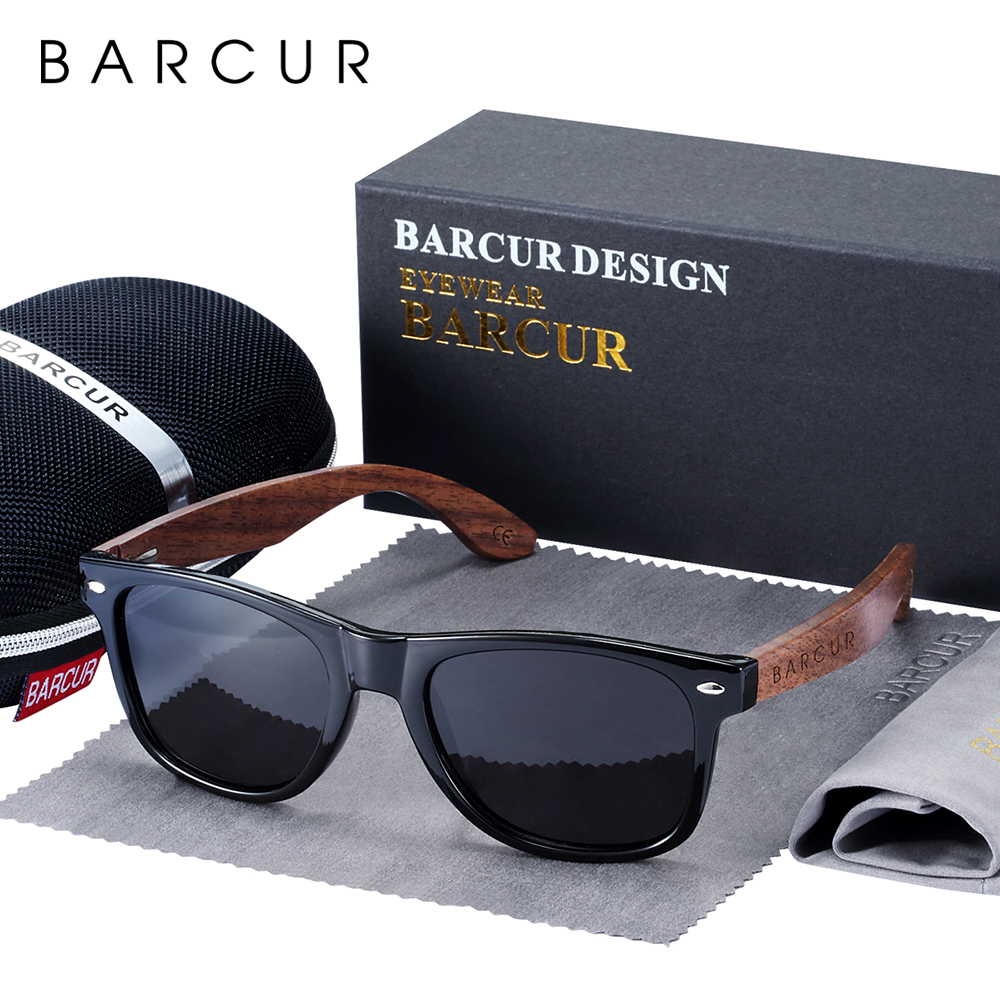 BARCUR haute qualité noir noyer lunettes de soleil Anti-reflet hommes femmes miroir lunettes de soleil mâle UV400 en bois lunettes de soleil