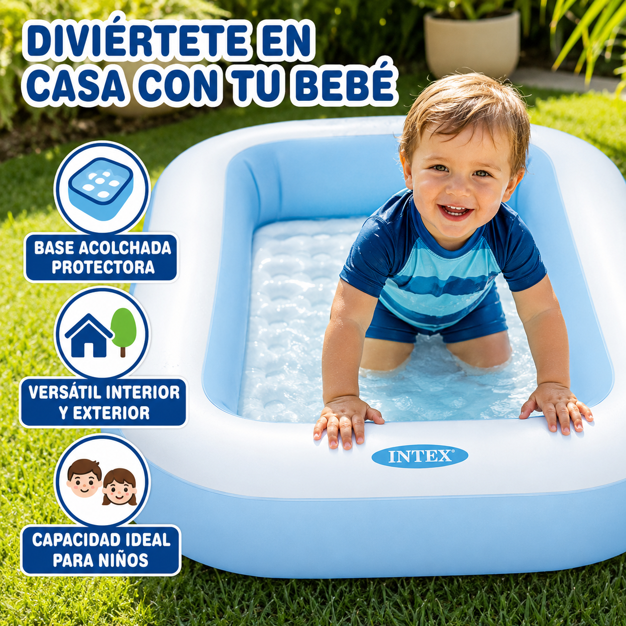 Intex blauw rechthoekig opblaasbaar zwembad voor kleine kinderen, zwembad met anti-impact gevoerde bodem, afmetingen 166x100x25cm, capaciteit 90l, veilig, niet-giftig PVC, gebruik binnenshuis, huis, tuin, terras, draagbare badkuip, zomerse waterpret voor 