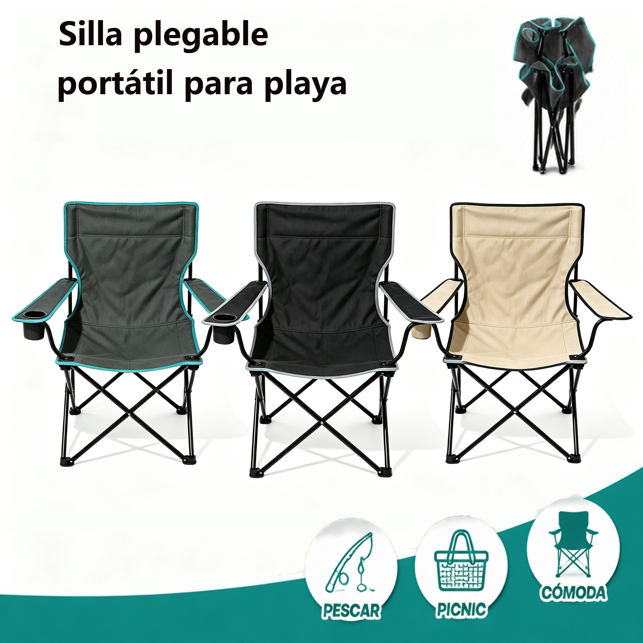 Chaise pliante d'extérieur avec porte-gobelet, tissu Oxford résistant et structure antirouille, trois couleurs pour adultes, camping, plage et repos à domicile