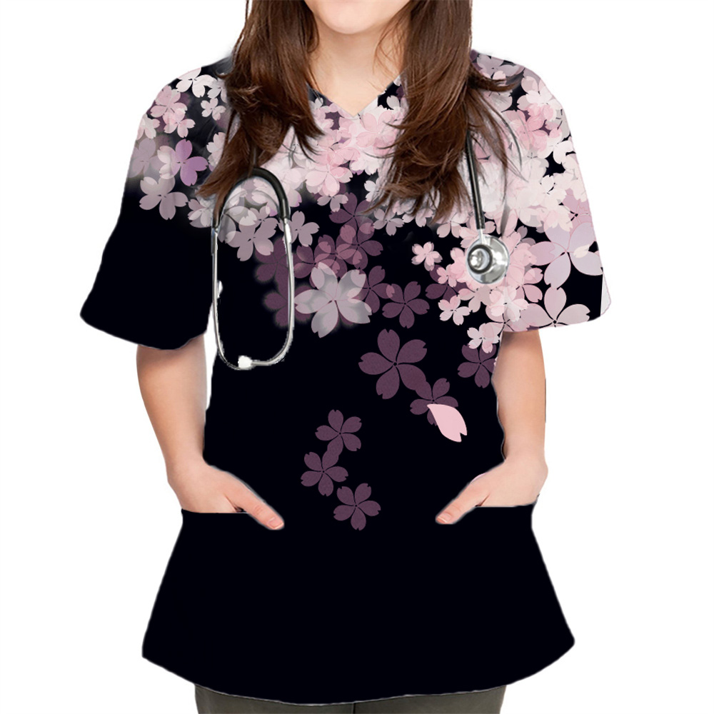 Uniforme para enfermería, ropa de trabajo para mujer, Top exfoliante con cuello en V y dos bolsillos, blusa de uniformes médicos de manga corta con estampado Floral