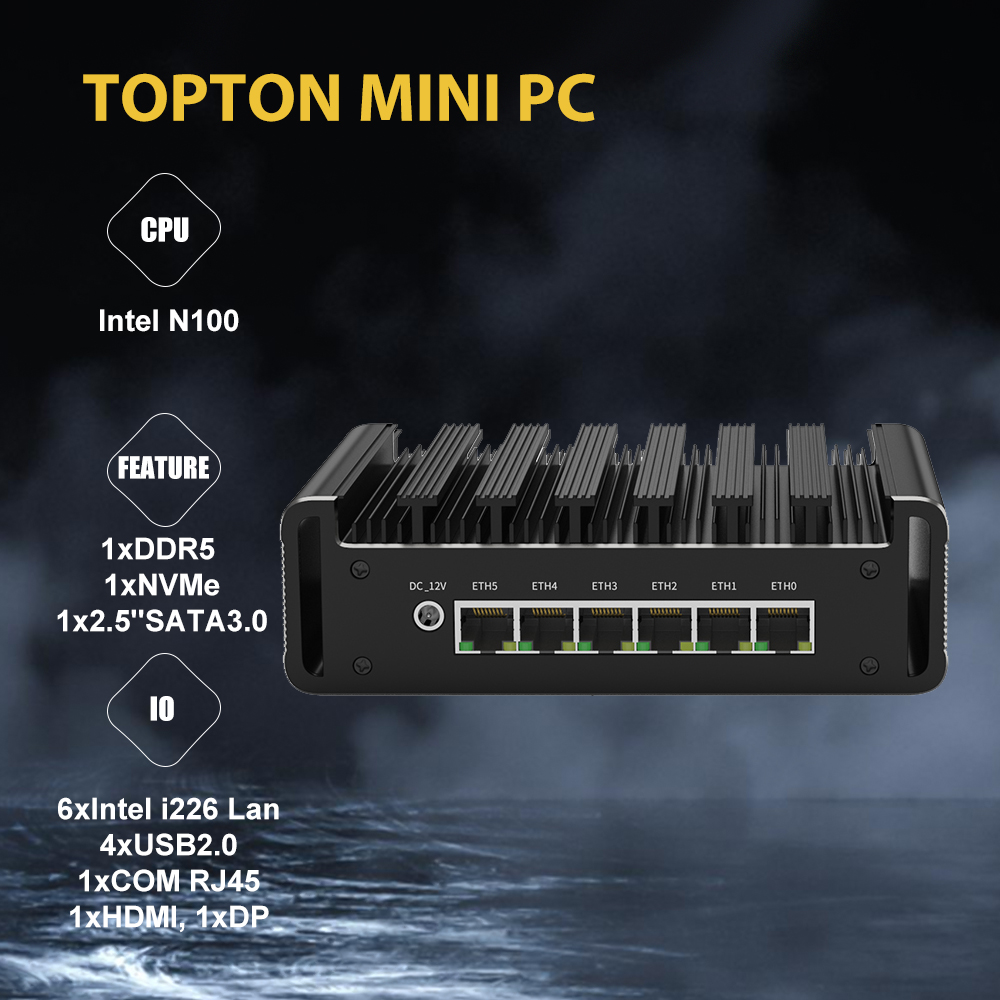 Firewall Micro Appliance, Mini PC, Intel N100, 6 x Intel i226-V LAN AES-NI, Router PC, VPN, 8 GB de RAM, 128 GB SSD, Flash Deal, 6 Portas
