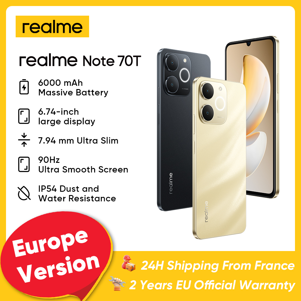 Realme Note 70T 4G Smartphone, Unisoc T7250 octa-core, batería de 6000mAh, pantalla de 6.74 pulgadas 90Hz 720x1600Pixels, carga rápida de 15W, cámara de 50 MP, teléfono móvil IP54 Android 15
