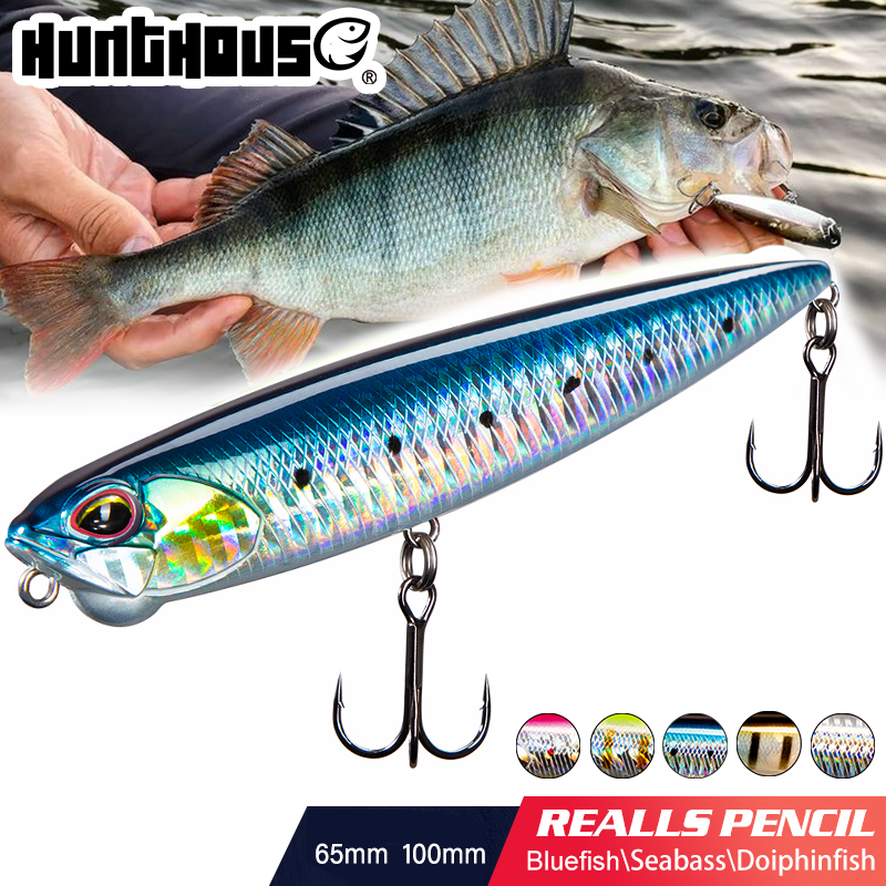 Przynęta wędkarska typu floating pencil Hunthouse WTD, 100mm/14.5g, 65mm/5.5g, wobler powierzchniowy, stick bait do połowu okoni i pstrągów.