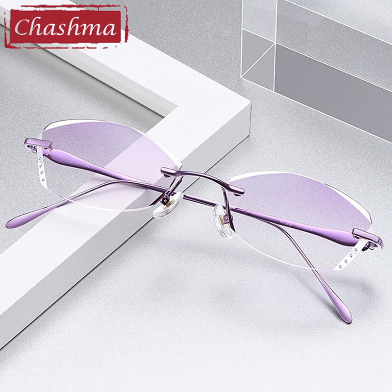 Gafas graduadas Chashma, gafas de titanio sin montura elegantes a la moda para mujer, gafas con adornos de diamante para lentes de receta de Color teñido