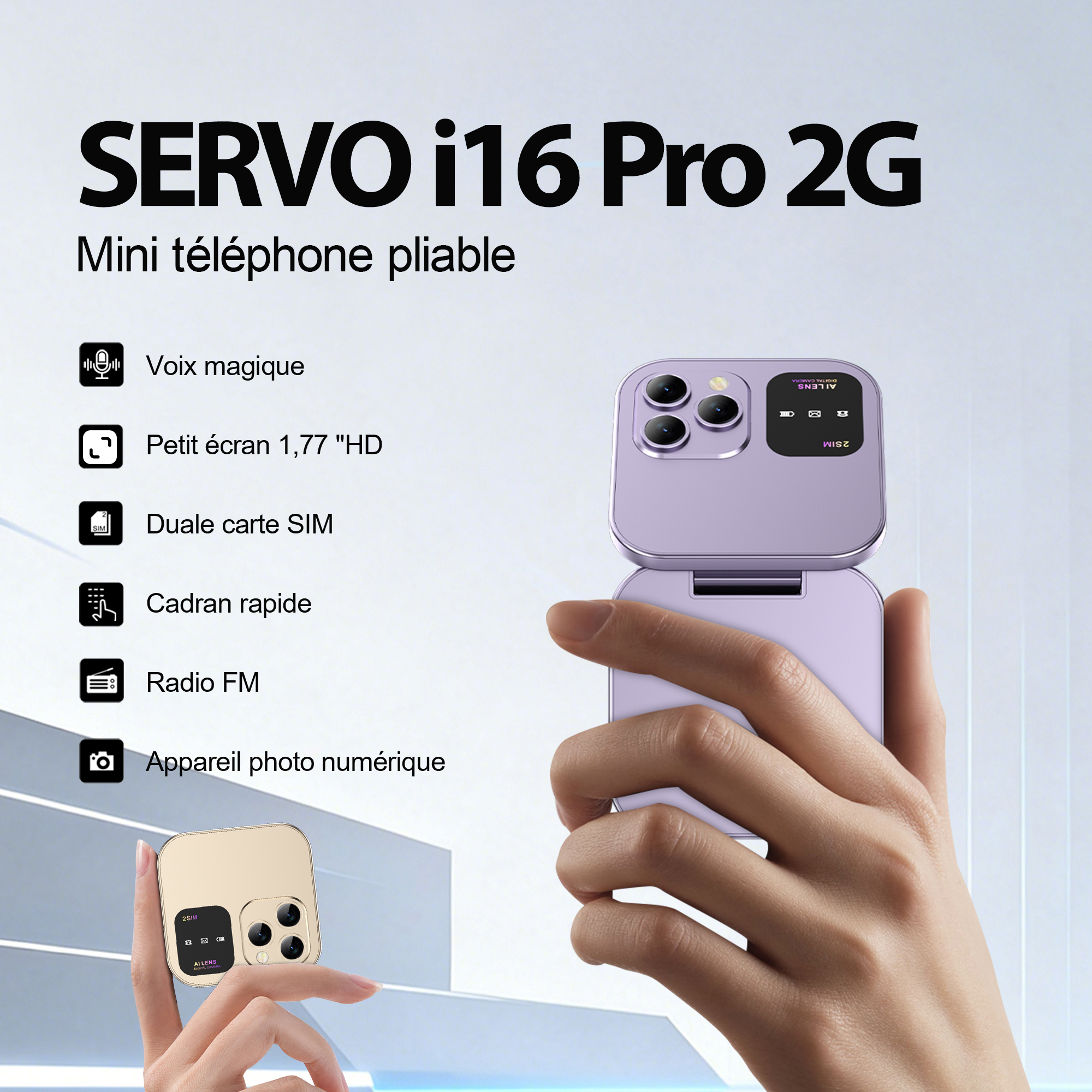 SERVO i16 Pro MIni téléphone portable pliant 2G GSM Réseau double carte SIM Lecteur de musique/vidéo Radio FM Écran de 1,77 pouces petit téléphone portable à rabat