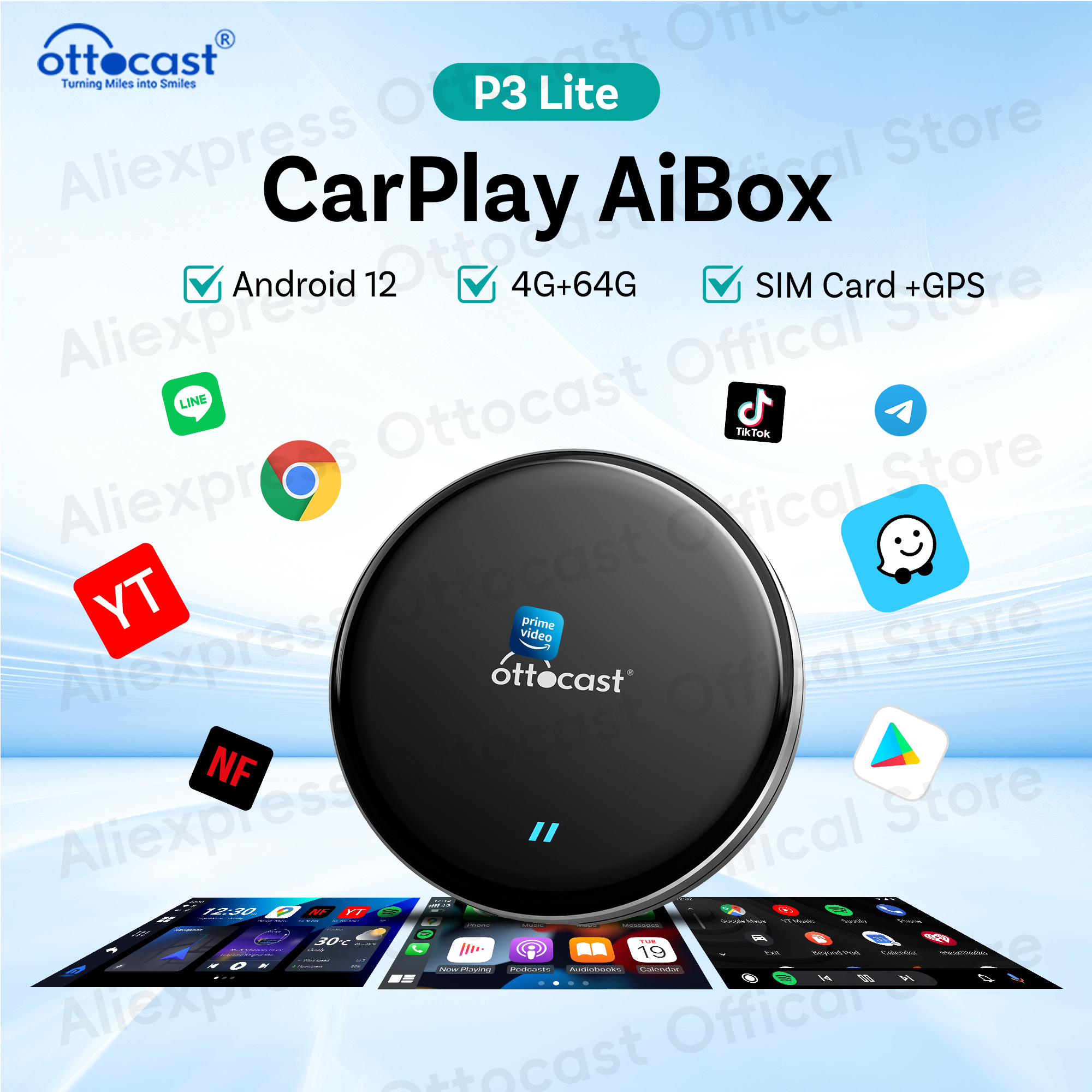 OTTOCAST-CarPlay sans fil Android AI Box, P3 Lite KantoAiBox, Youtube, TikTok, accessoires de voiture pour OEM, cadeau de voiture, nouveau