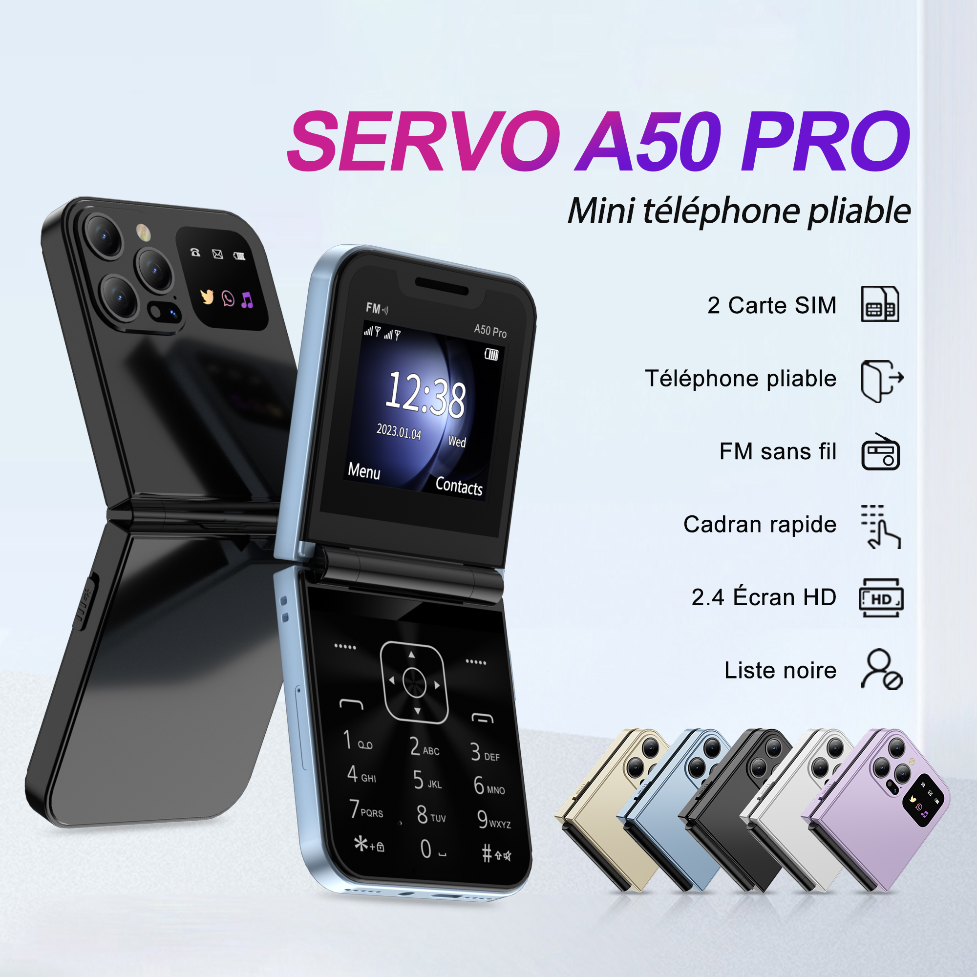 SERVO A50 Pro ribaltabile mobile phones 2 schede SIM Torcia elettrica 2G GSM rete Registrazione automatica delle chiamate Schermo da 2,4 pollici Telefoni cellulari pieghevoli Type-C