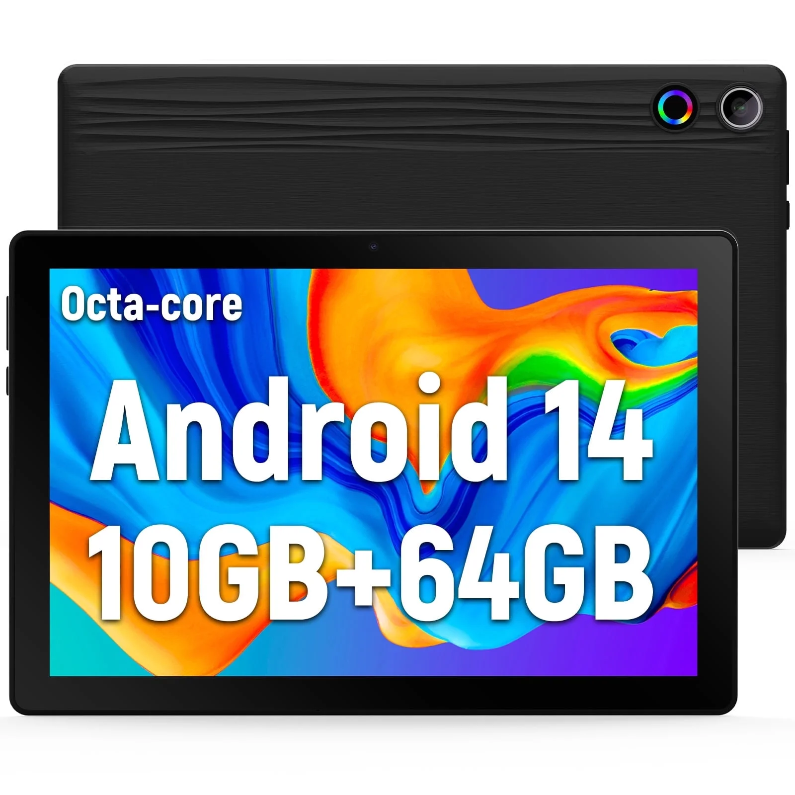 BESTSKI 10.1 Cal Android 14 Tablet, ośmiordzeniowy 10GB RAM 64GB ROM (rozwiń do 1TB), 5MP + 8MP podwójne aparaty, Face ID, WiFi 6, czarny