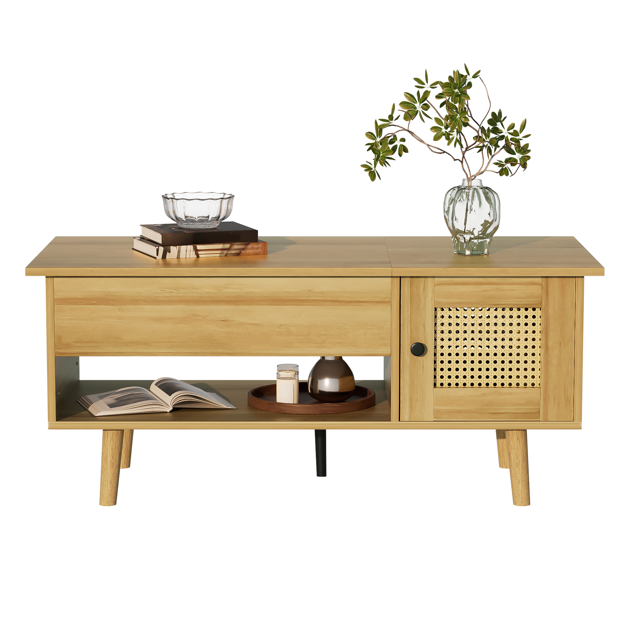 Modern Lift-Top Coffee Table Wood Grain, with Storage & Black Fabric Drawers. Versatile for Living Room and Office Use