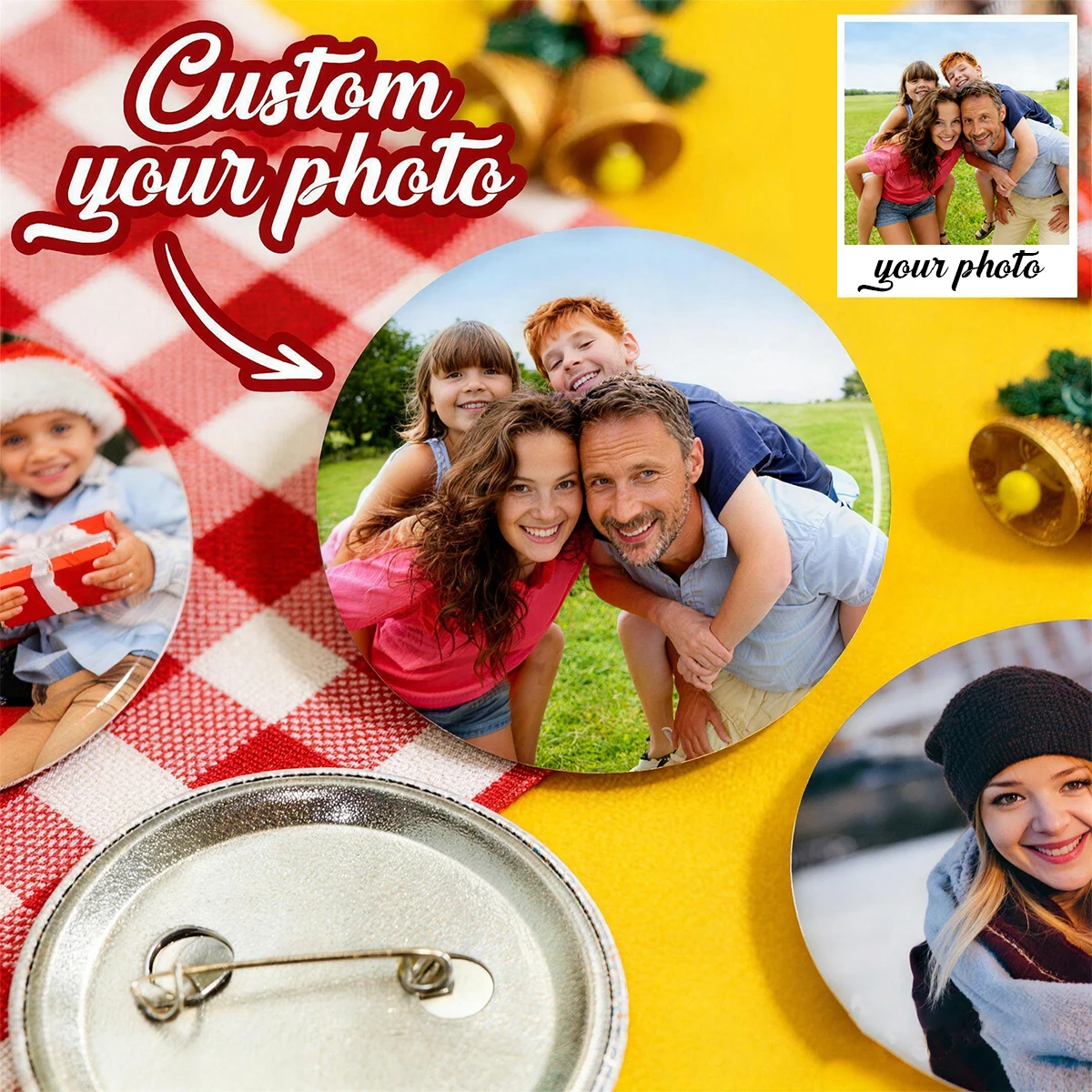 Customize Your Own Badges and Brooches with Text, Logos, and Photos; Personalize Text Badges, Brooches, Backpack Buttons.