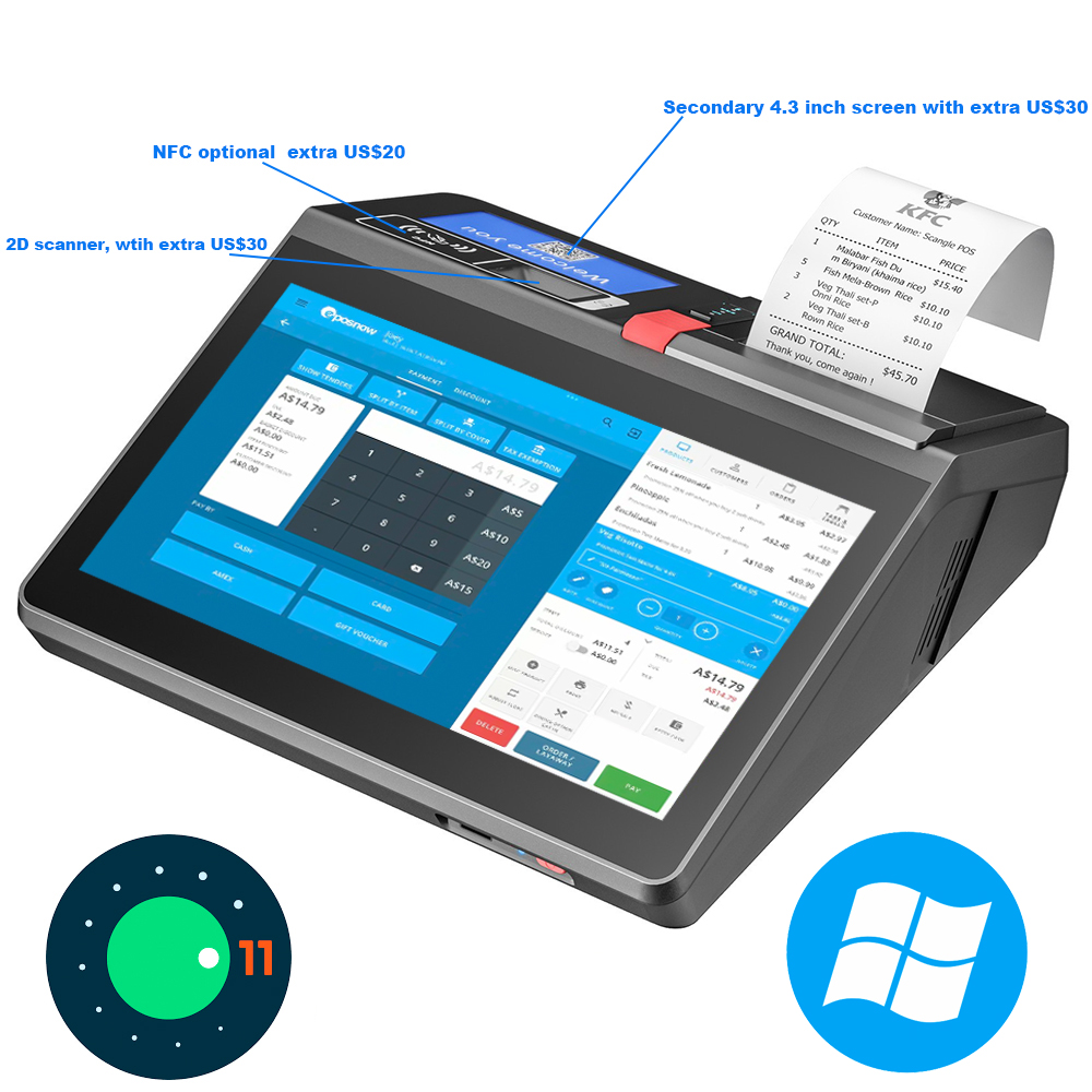 11.6 Inch Pos Machine, Pos Terminal Machine Met Android Of Windows Osd, 80Mm Printer (Optionele 2d Scanner, 4.3 "Tweede Scherm)