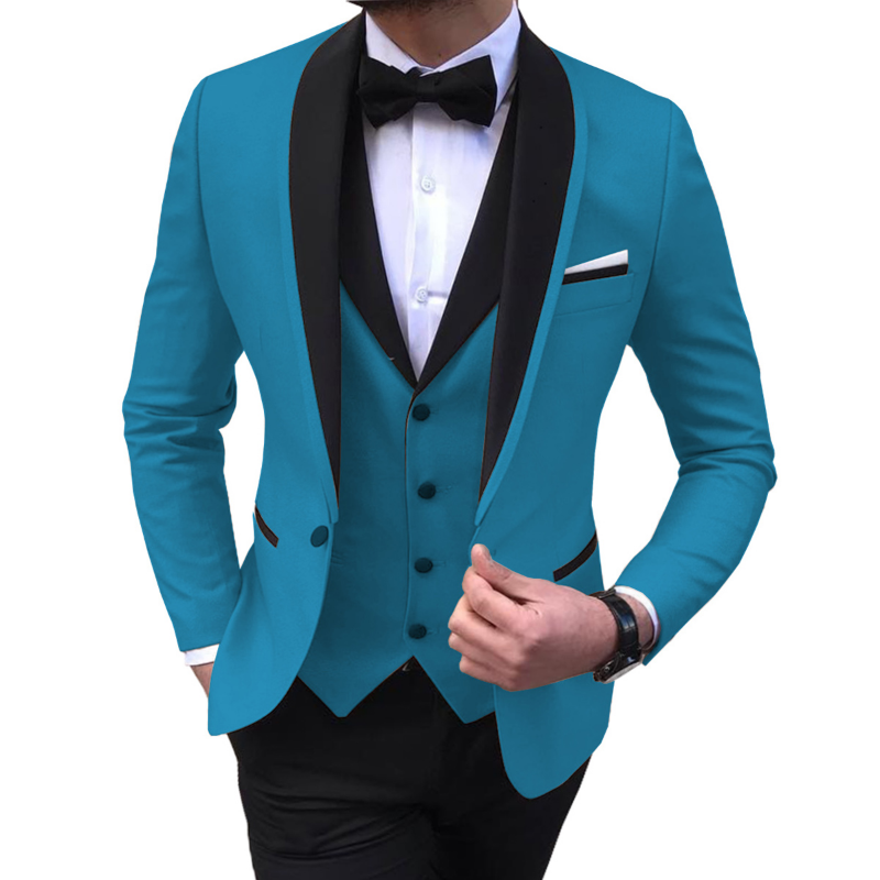 Blau Schlitz Herren Anzüge 3 Stück Schwarz Schal Revers Casual Smoking für Hochzeit Trauzeugen Anzüge Männer 2020 (blazer + weste + hosen)