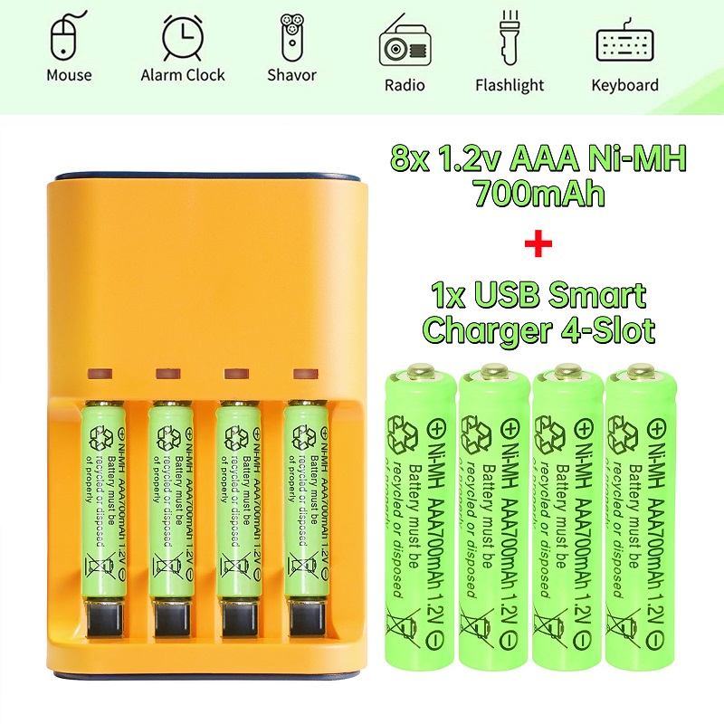 8 buah AAA 1.2V Ni-Mh baterai isi ulang 700mAh tombol atas dengan USB 4 Slot pengisi daya pintar untuk lampu surya taman