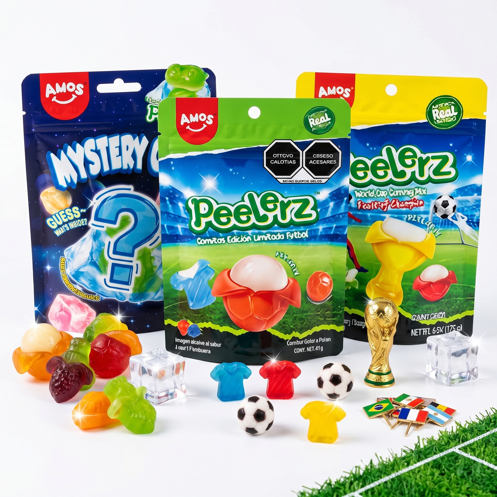 Pack 10 Gominolas Edición Limitada de Fútbol Sabores Aleatorios (Soccer, Mystery Cube) Candy Amos Peelerz 65g – Soccer Gummy Candy, Snack Dulce Masticable, Regalo para Fiestas Futboleras