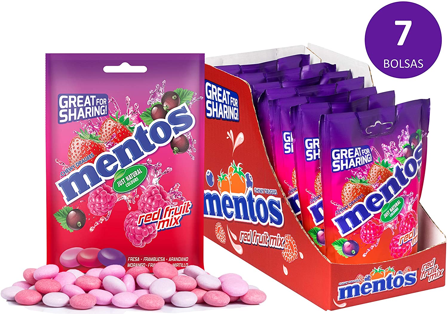 Mistura de Frutas Vermelhas com Suco de Frutas, Caramelo Mastigável com Suco de Frutas, Feito com Ingredientes Naturais, Corante Natural, Morango, Framboesa, Mirtilo, 7 Sacos de 160 g