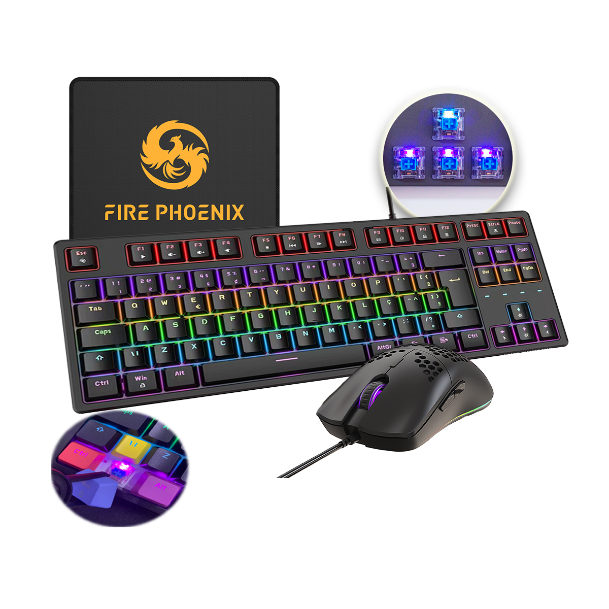 Kit de teclado mecânico maus spieler 6400 dpi com fio abnt2 português brasil 60% iluminação led rgb schalter blau bk05