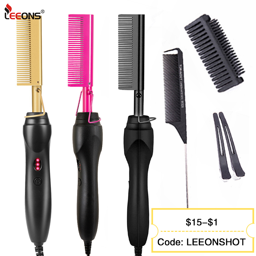 Leeons Schwarzer heißer Kamm, Haarglätter, Glätteisen, elektrischer Heißheizkamm, Lockenstab für nasses und trockenes Haar, gerader Styler, Lockenstab