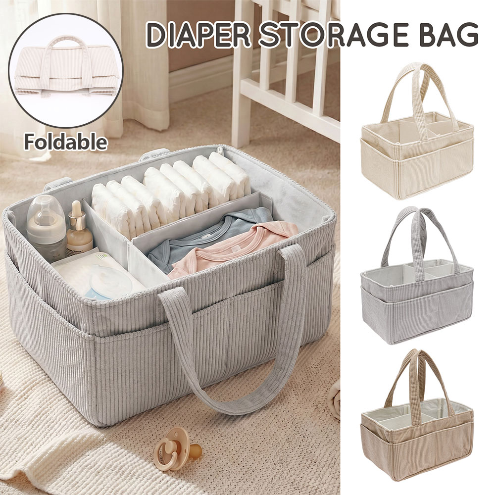 Keranjang Penyimpanan Popok Bayi Portabel dari Kain Corduroy Lembut dengan Pegangan, Dapat Dilipat, Multi-saku, Organizer Mainan dan Popok Bayi Baru Lahir