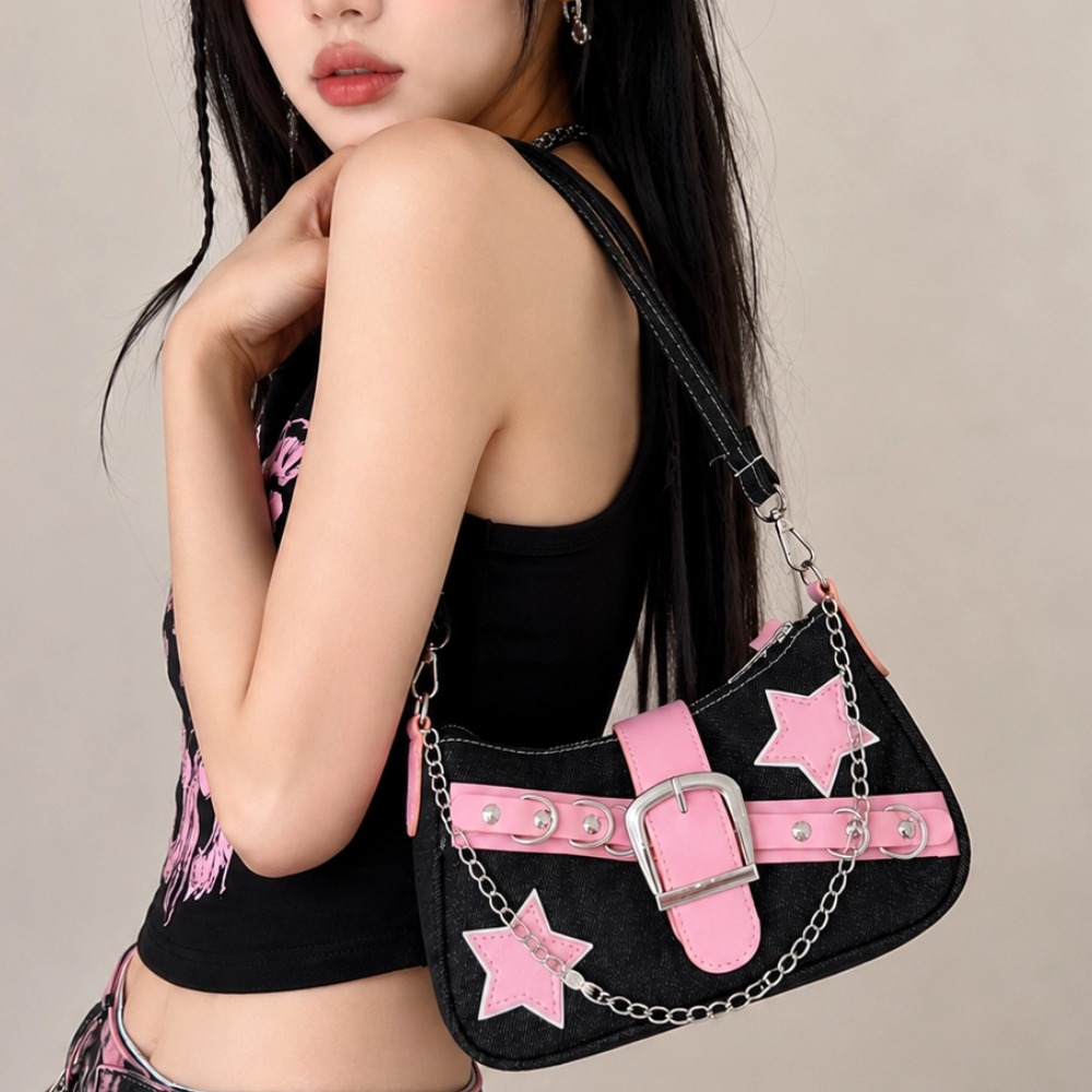 Moda y2k axilas saco mini bolsas padrão estrela e retro rebite bolsa de ombro pequena forma quadrada corrente viajando axila saco
