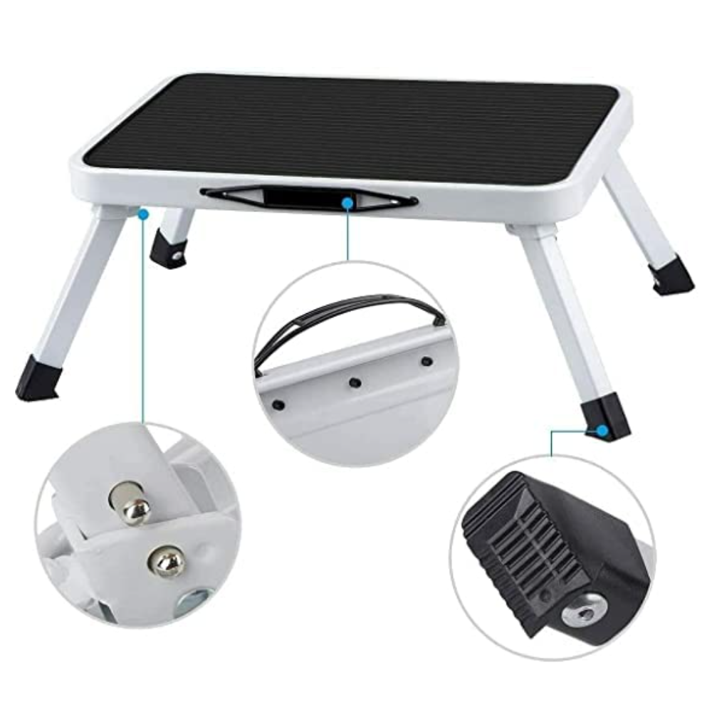 Escalera Plegable de Acero Inoxidable, Apta para Autocaravanas - Altura Ajustable, Duradera y Portátil, Superficie Antideslizante, Soporta hasta 149.69 KG, Escalera Multiusos de un Solo Peldaño, Universal para Hogar, Oficina, Baño, Cocina, Hierro Forjado 